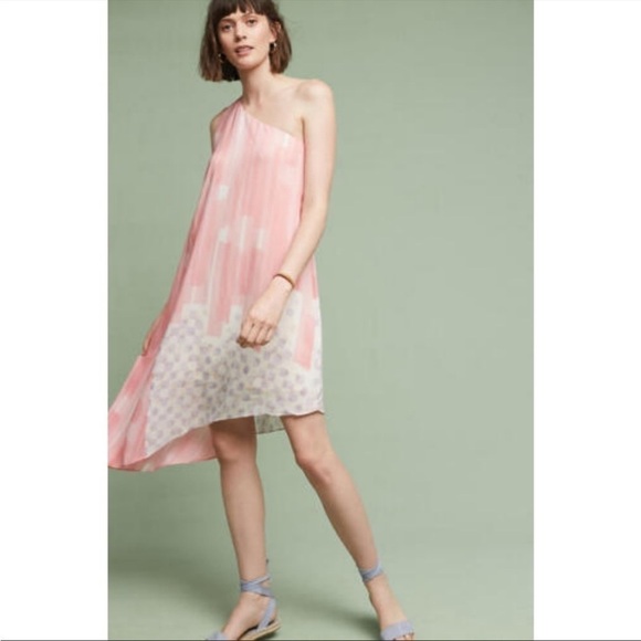 Anthropologie Maeve Pink, Purple, White One Shoulder Silk Dress - Picture 5 of 14